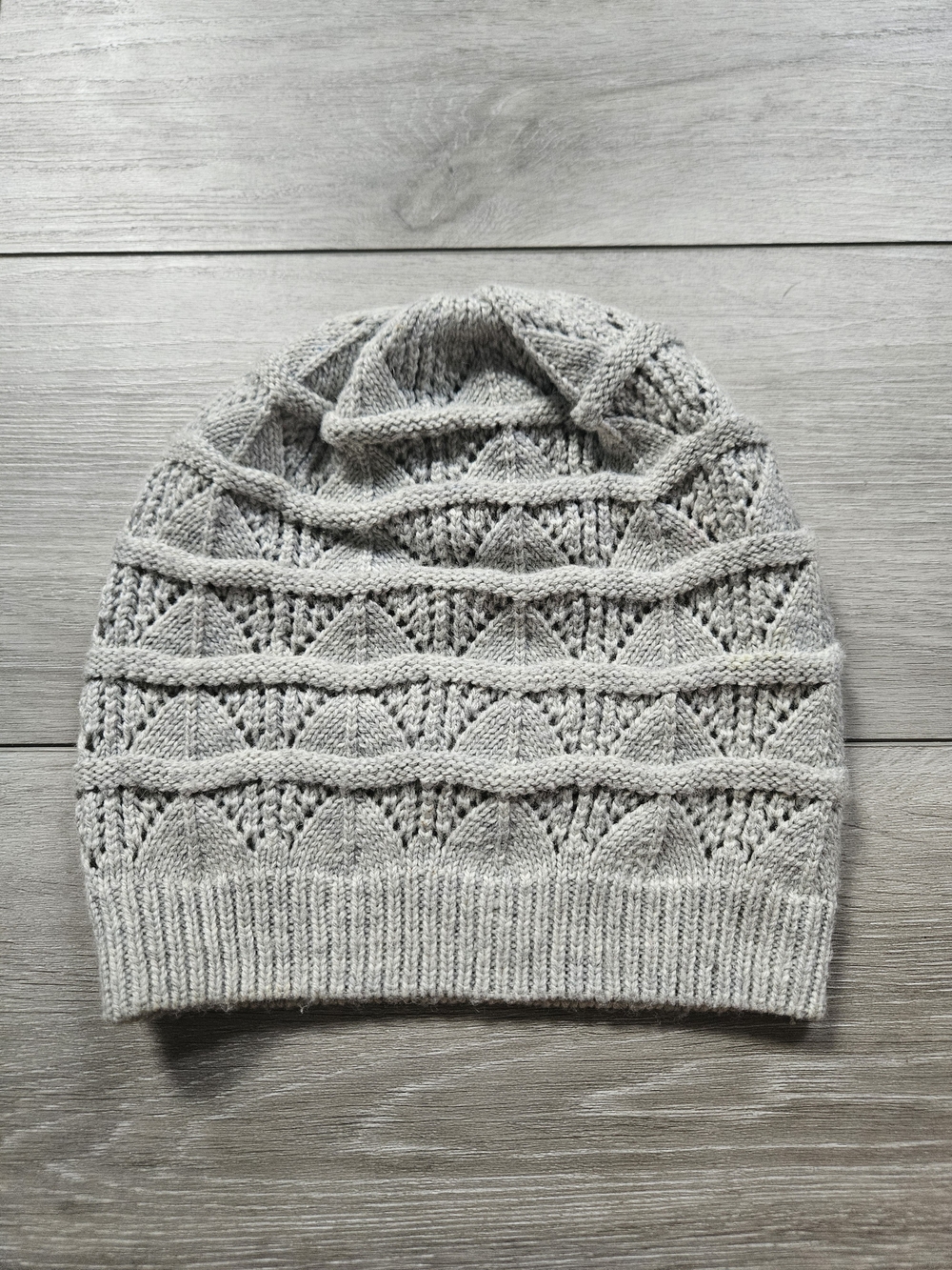 Light Grey Knit Slouchy Beanie - Textured Lace Pattern